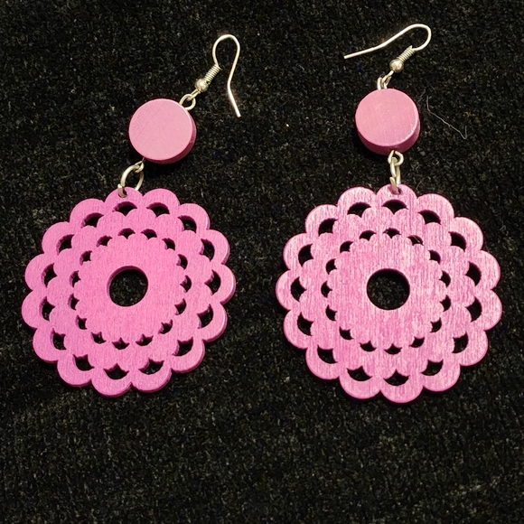 Large Fuschia Colored Wooden Earrings - Picture 2 of 3